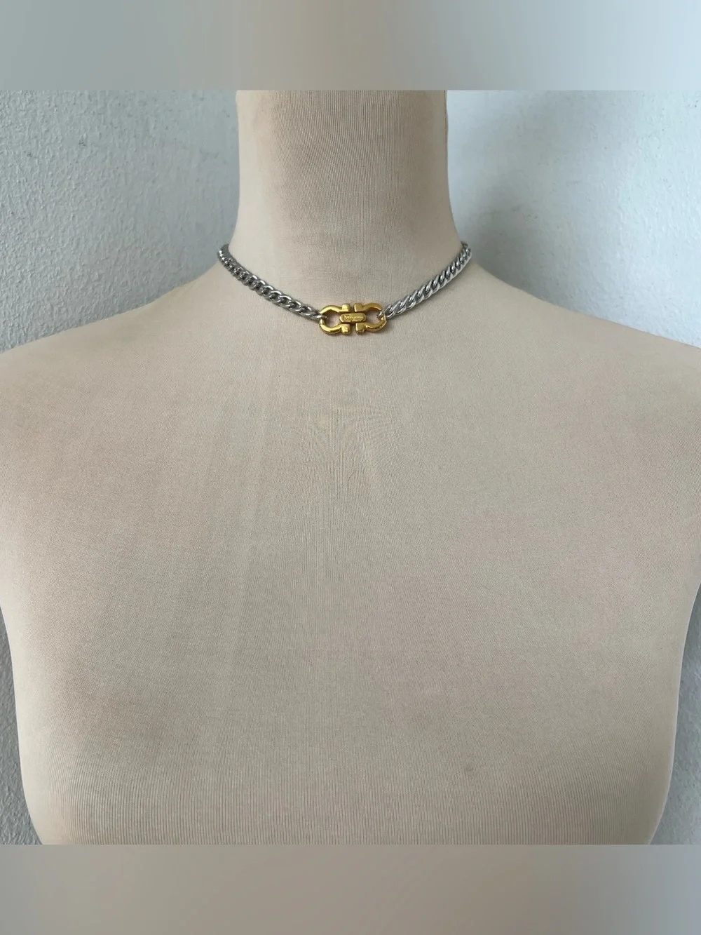 Custom Vintage Two-tone Ferragamo Necklace Silver Gold Curb Chain Choker | 15”